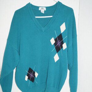 Lacoste Golf Sweater Mens Large Teal Blue Argyle Crocodile Knit Pullover Green
